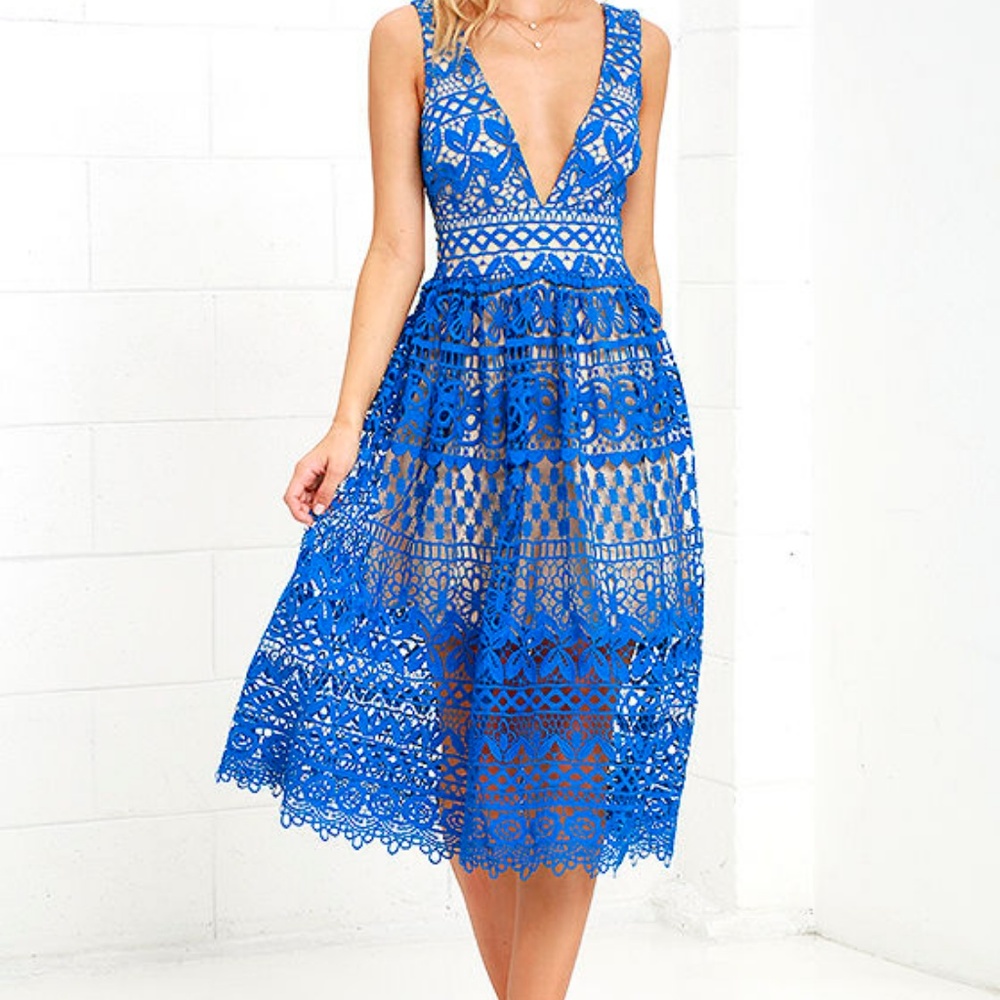 Lace Overlay Deep V A-line Midi Dress